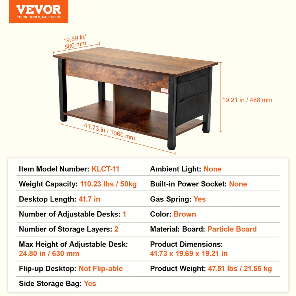 VEVOR Lift Top Coffee Table Round/Rectangle Coffee Table with Extra Storage Pockets Pop Up/Flipable Coffee Table for Living Room