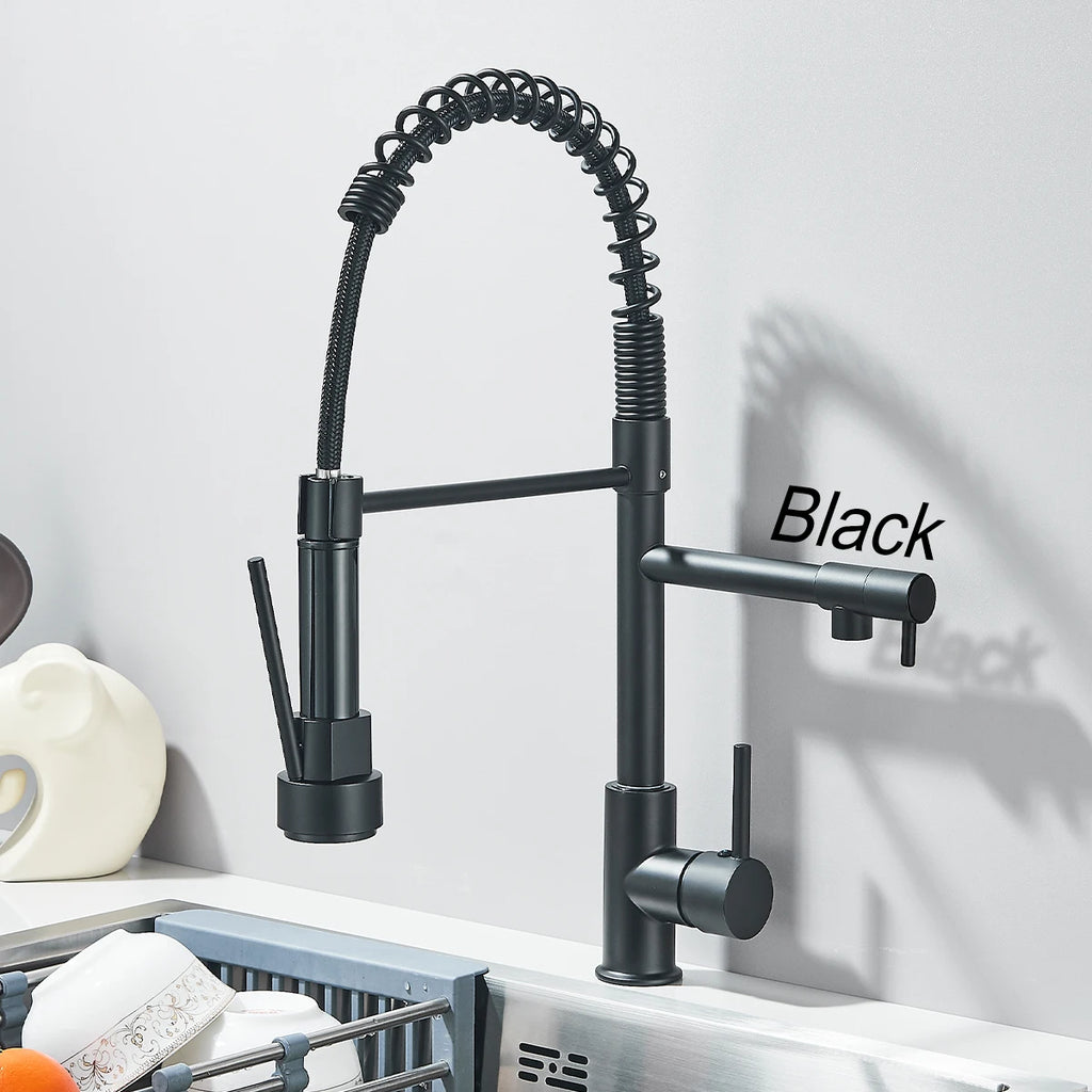 Black Pull Down Kitchen Faucet Dual Spout 360° Rotation Hot Cold Water Mixer Tap Single Handle Deck Mounted Kitchen Sink Crane