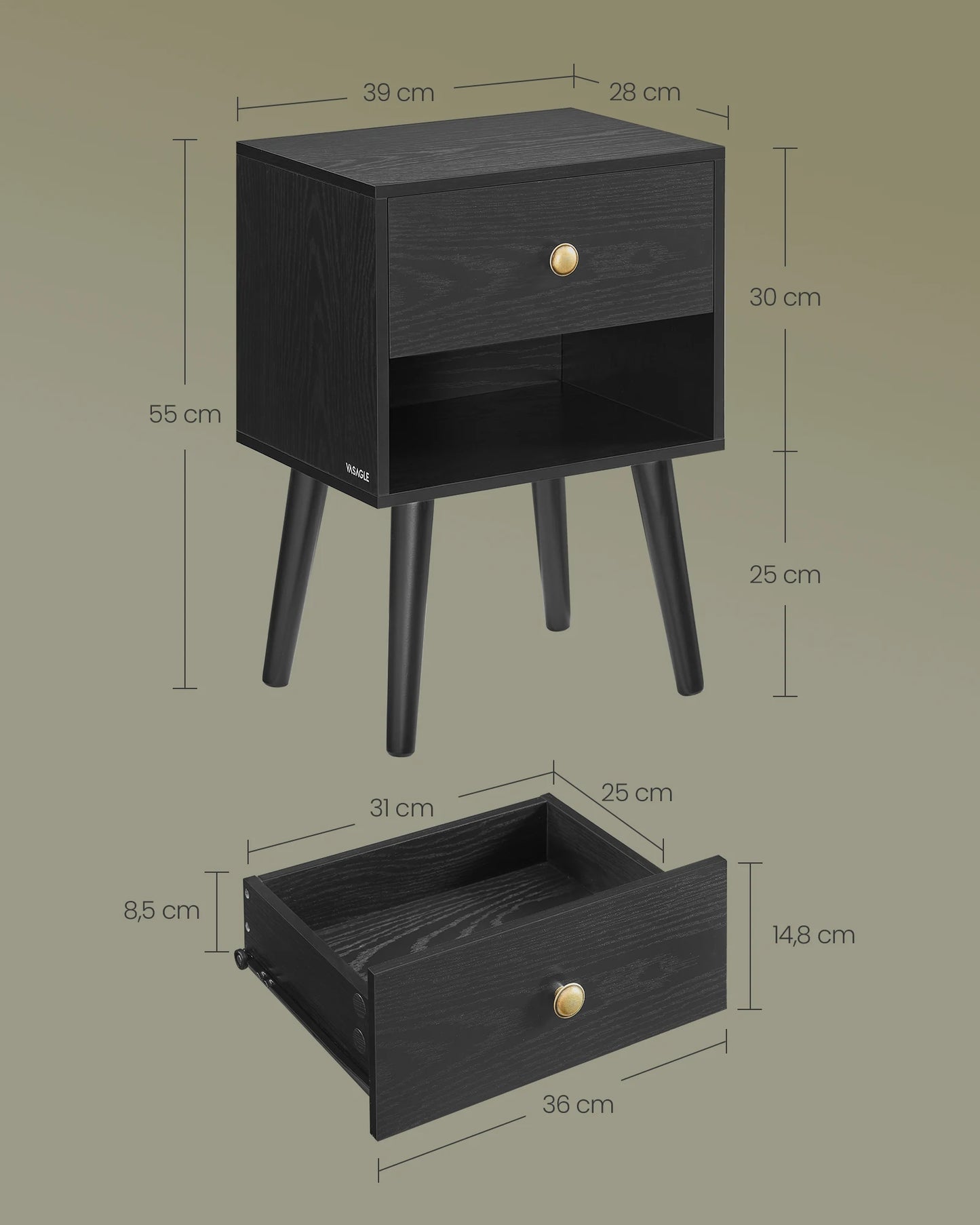 VASAGLE Bedside Table, Side Table with Storage Drawer and Open Shelf, Solid Wood Legs, End Table for Living Room, for Bedroom