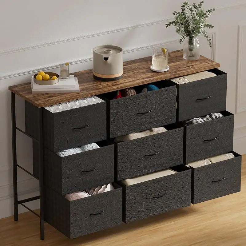 Dresser for Bedroom with 9 Deep Fabric Drawers, Wide TV Stand Storage Cabinet, Colorful Chest of Drawers for Closet, Nursery, En