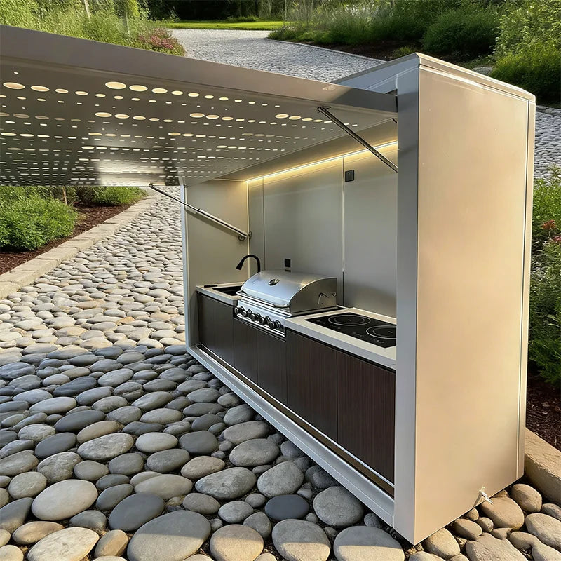 Customized weatherproof outdoor kitchen cabinet with roof, free shipping for outdoor cooking use
