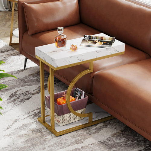 Tribesigns Narrow Side Table White Gold Side Table C Shaped End Table Modern Bedside Table Small Side Table for Couch