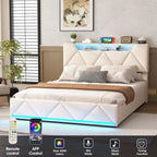 Vabches Bed Frame Queen with Storage Headboard&4 Drawers Upholstered Platform Bed Frame with Charging Station&LED Lights Bedroom