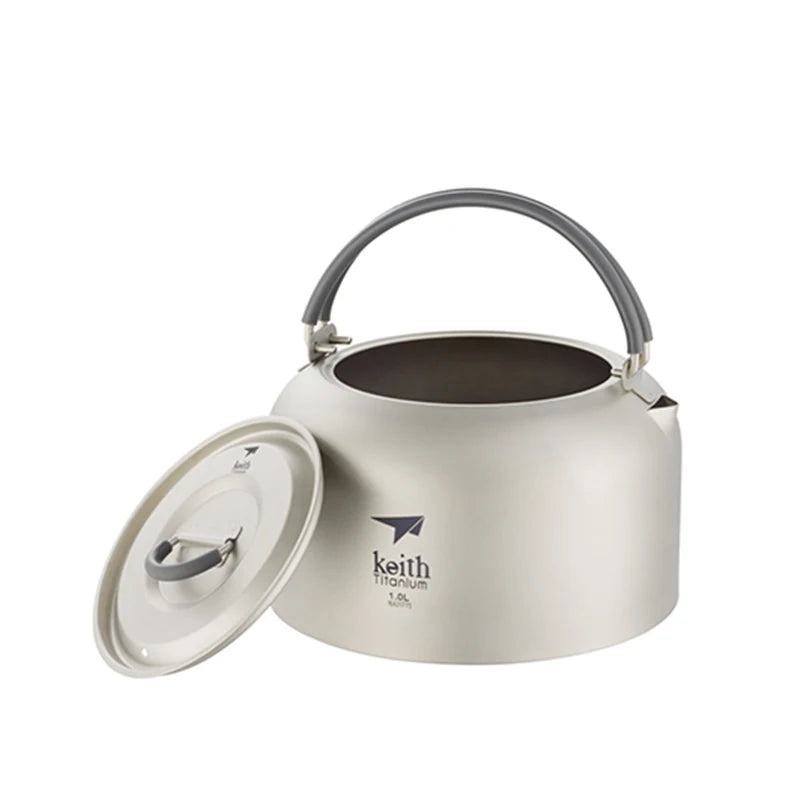 Keith Titanium Kettle 1L, Bacteriostatic Flatware, Ultralight Outdoor Camping Tableware Coffee Kettle, Travel Cookware Pot