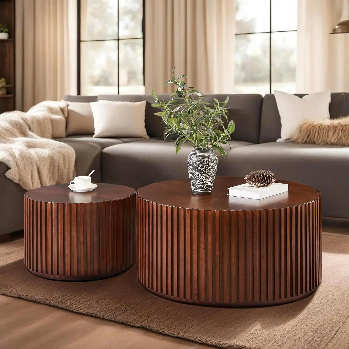 Round Wood Coffee Table Set of 2, Handcraft Drum Side Table for Living Room, Modern Circle Wooden End Table Set