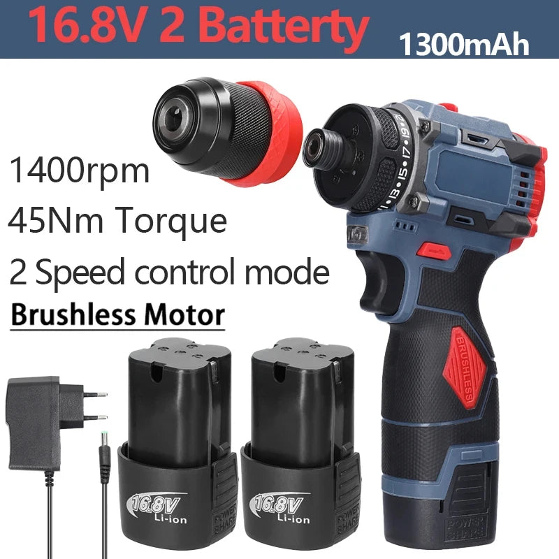 16.8V 2 in 1 Electric Screwdriver Lithium Battery Drill Handheld Power Tool 45Nm Torque Brushless Motor Cordless Screw Driver