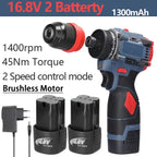 16.8V 2 in 1 Electric Screwdriver Lithium Battery Drill Handheld Power Tool 45Nm Torque Brushless Motor Cordless Screw Driver
