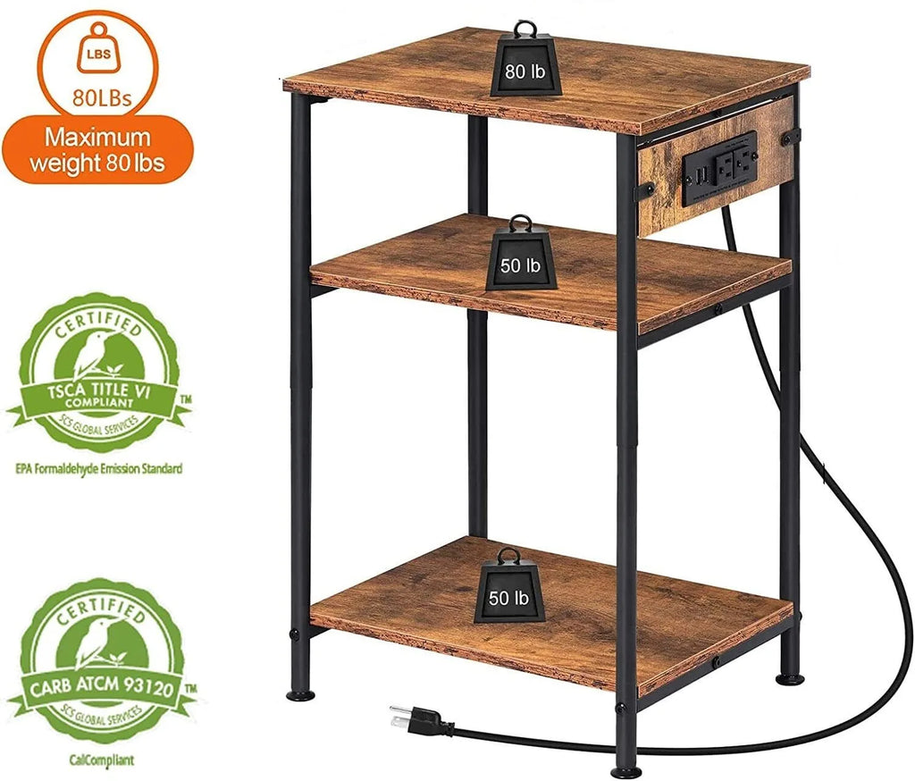 Nightstand with Charging Station,3 Tier Black Nightstand End Table with Storage Shelf,Narrow Side Table with USB Ports