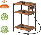 Nightstand with Charging Station,3 Tier Black Nightstand End Table with Storage Shelf,Narrow Side Table with USB Ports