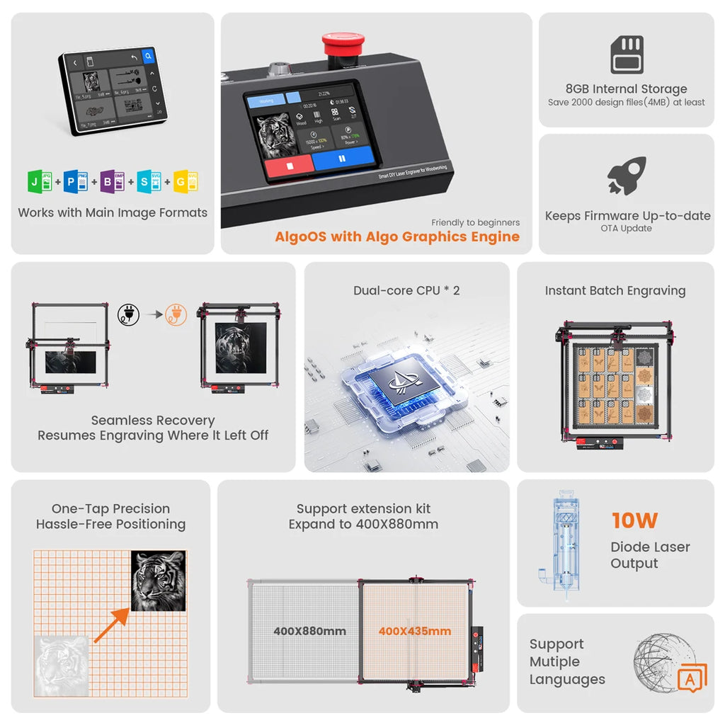 AlgoLaser DIY KIT MK2 10W for New Beginner Wood Engraving Mini Machine for DIY Crafting Glass Leather Engraving Area 400X435MM
