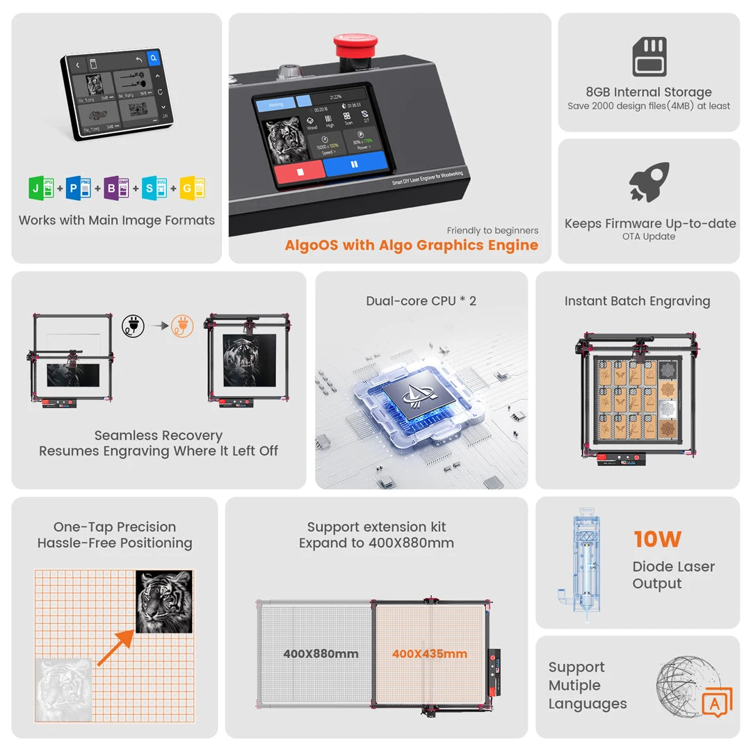 AlgoLaser DIY KIT MK2 10W for New Beginner Wood Engraving Mini Machine for DIY Crafting Glass Leather Engraving Area 400X435MM