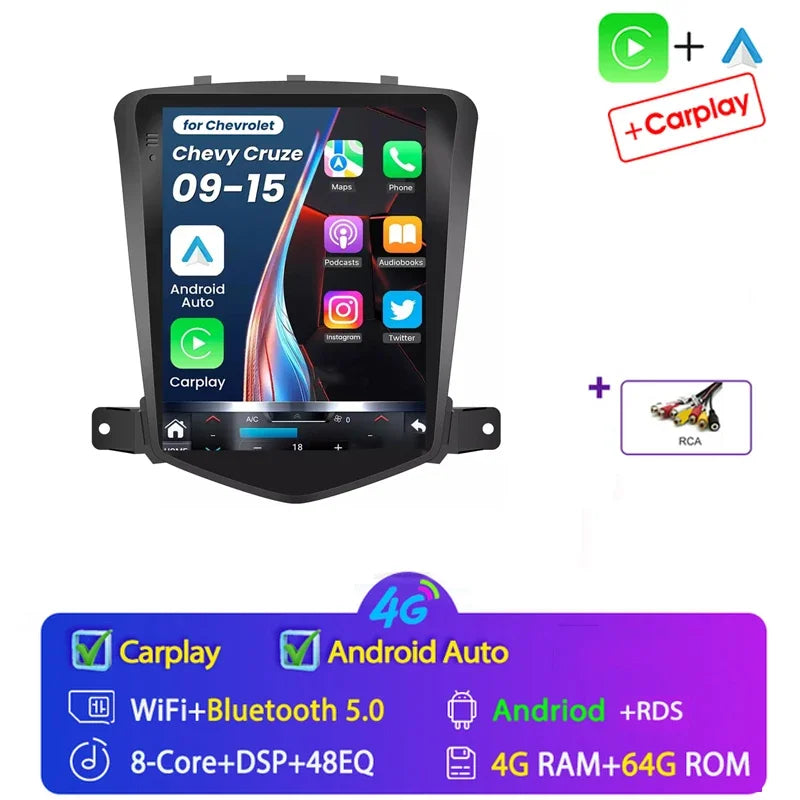 4G+64G Stereo Android 15 For Chevrolet Cruze J300 2008-2014 for Tesla Style Car 4G GPS Navi Player Radio Carplay 2 Din Autoraido