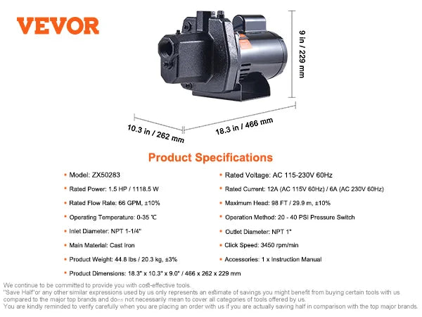 VEVOR Shallow Well Jet Pump 115 Volt Cast Iron / Stainless Steel Irrigation Water Pump for Agricultural Garden Irrigation System