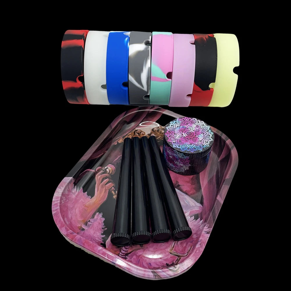 5Pcs/Set 50MM 4 Layer Zinc Alloy Grinder 18X14CM Metal Rolling Tray Tobacco Storage Tube Silicone Ashtray Cigarette Smoking Kit