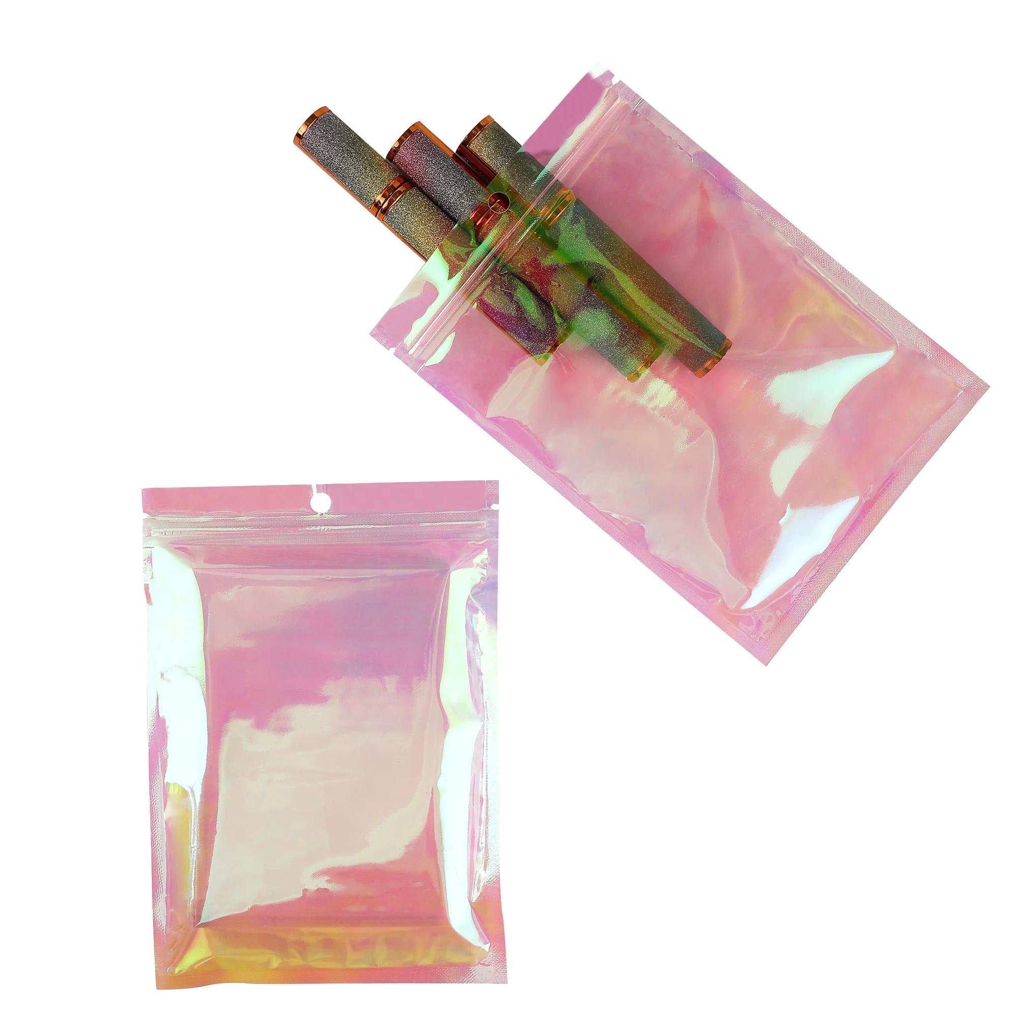 Eco-Friendly Clear Mylar Bag,Holographic Pink Plastic Storage Bag,Reusable Smell Proof Zipper Pouches,Cosmetic Organizer Pouches