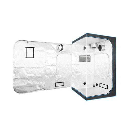 SJ - Blue tent, connected with plastic, equipped with white pipes. It is an indoor growing tent and a greenhouse.