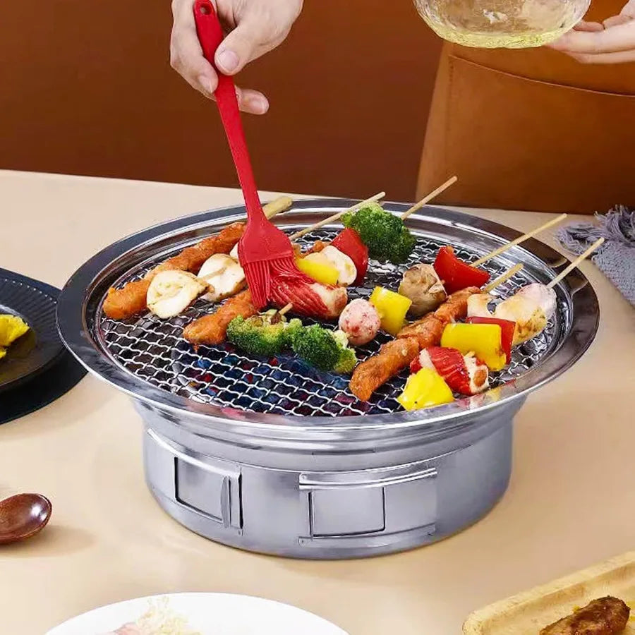 Portable Korean BBQ Grill | Stainless Steel Charcoal Non-Stick Round Stove