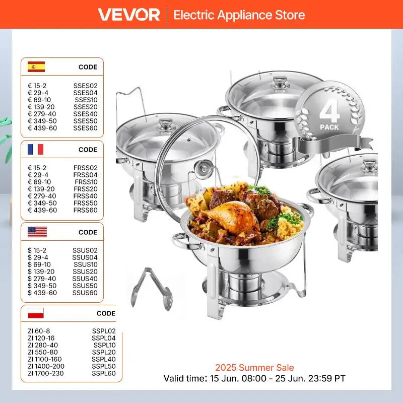 VEVOR 4 Pack Chafing Dish Buffet Stainless Steel Chafer with 4 Full Size Pan Round Catering Warmer w/Glass Lid for Party Banquet