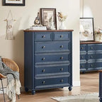 Farmhouse 6 Drawer Dresser, Chest of Drawers for Bedroom, 43.5" Tall Blue Dresser with Roman Column and Metal Handles, Rustic Wo