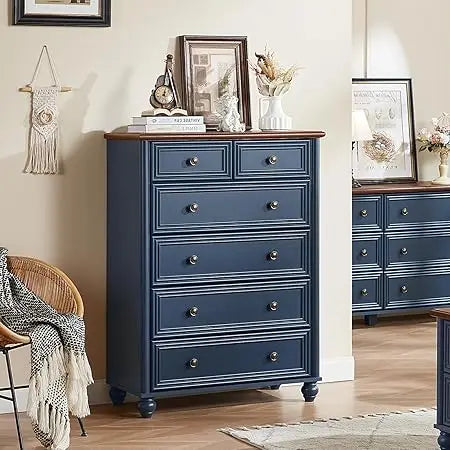 Farmhouse 6 Drawer Dresser, Chest of Drawers for Bedroom, 43.5" Tall Blue Dresser with Roman Column and Metal Handles, Rustic Wo