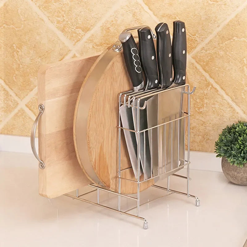 Stainless Steel Pan Pot Cover Lid Rack Sundries Organizer Kitchen Knife& Vegetable Cutter& Cutting Board Storage Rack Home Tool