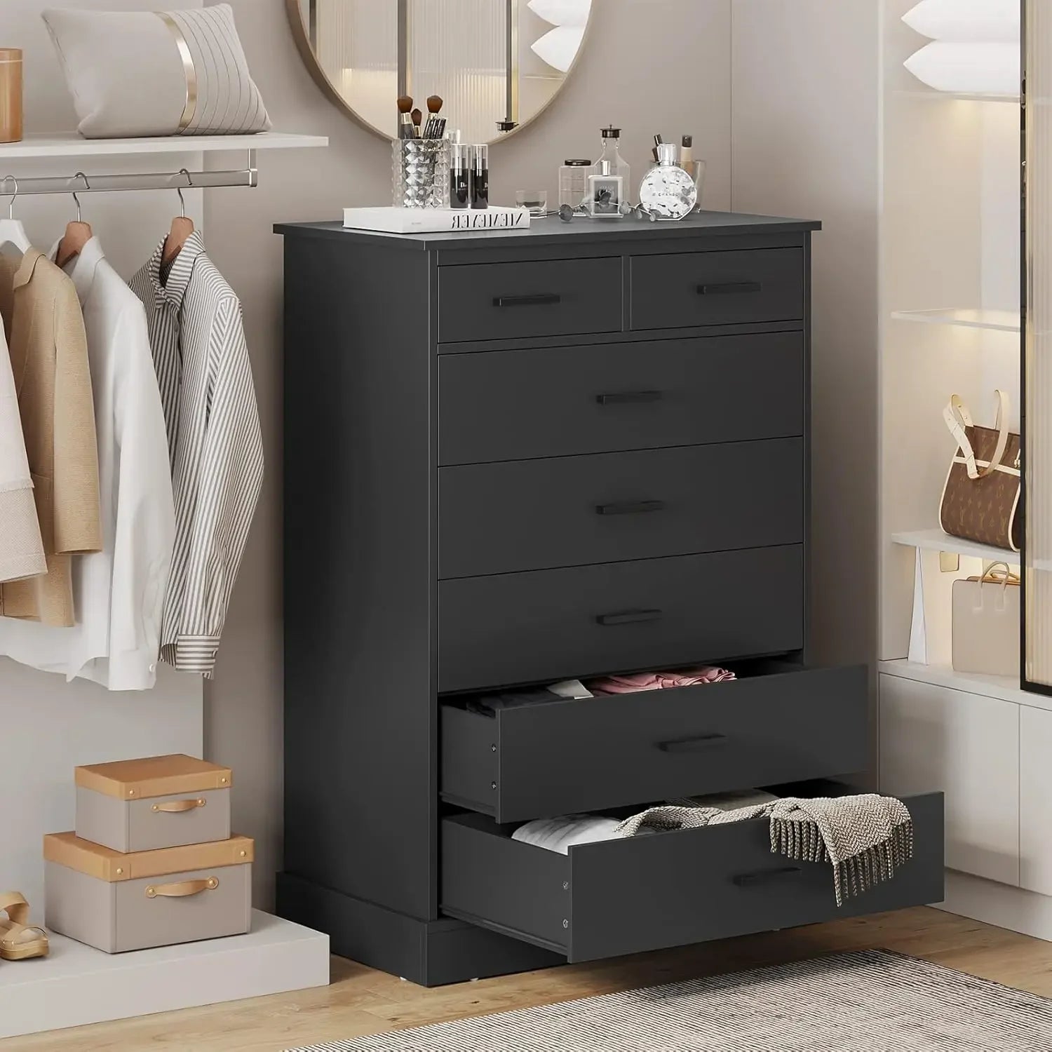 Black Dresser for Bedroom, Tall 7 Drawer Dresser with Sturdy Base, Wood Storage Tower Clothes Organizer, Large Storage Cabinet