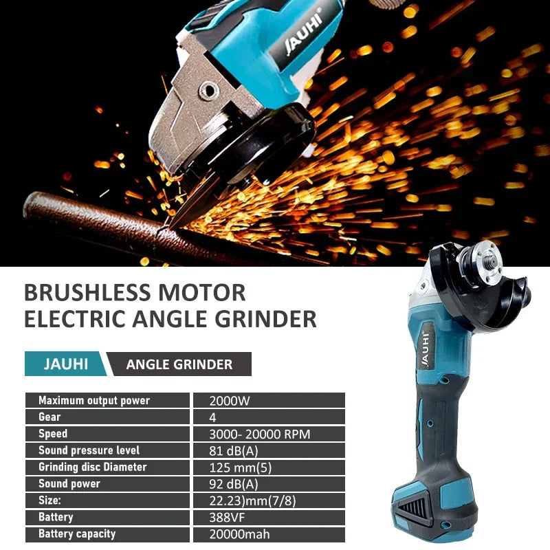 JAUHI 125mm Brushless Angle Grinder 4 Gears Cordless Grinding Machine Cutting Woodworking Power Tools For Makita 18V Battery