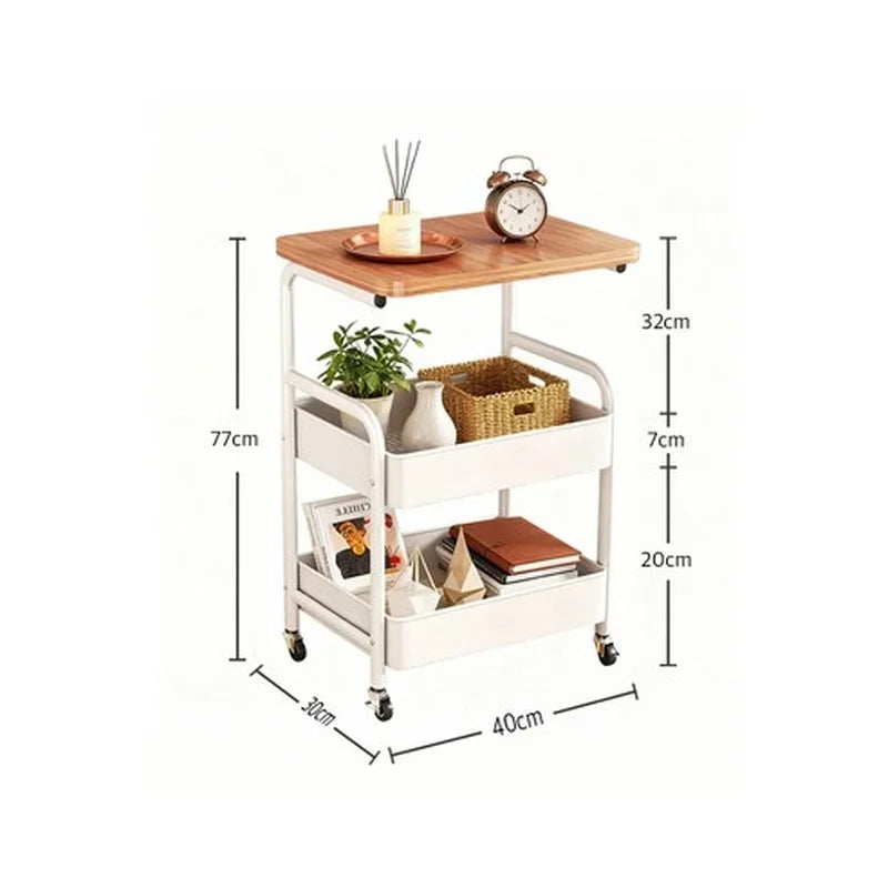 Home 3-Tier Kitchen Organizer Shelf with Wooden Top and Wheels Rolling Storage Cart  for Bathroom Living Room