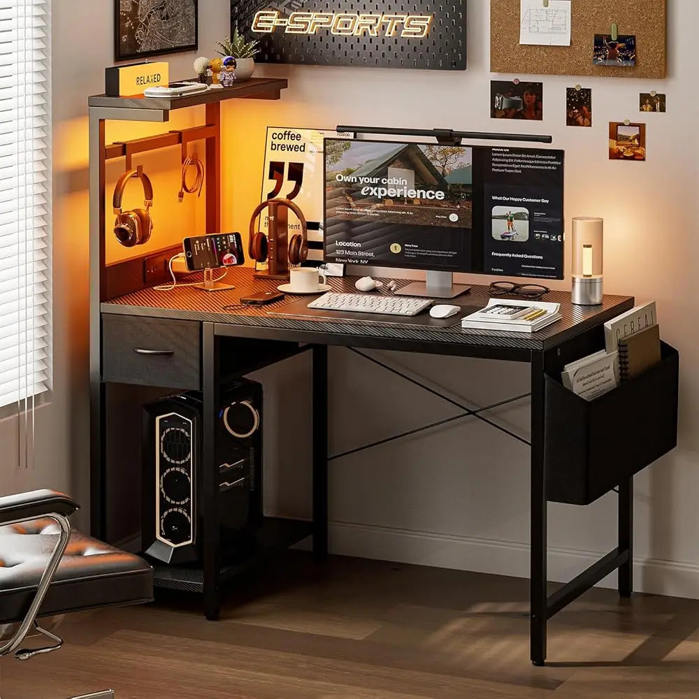 Gaming Desk 40 H With Power Outlet And Led Light, Computer Desk With Reversible Shelves And Storage Drawer, Pc Small Desk For