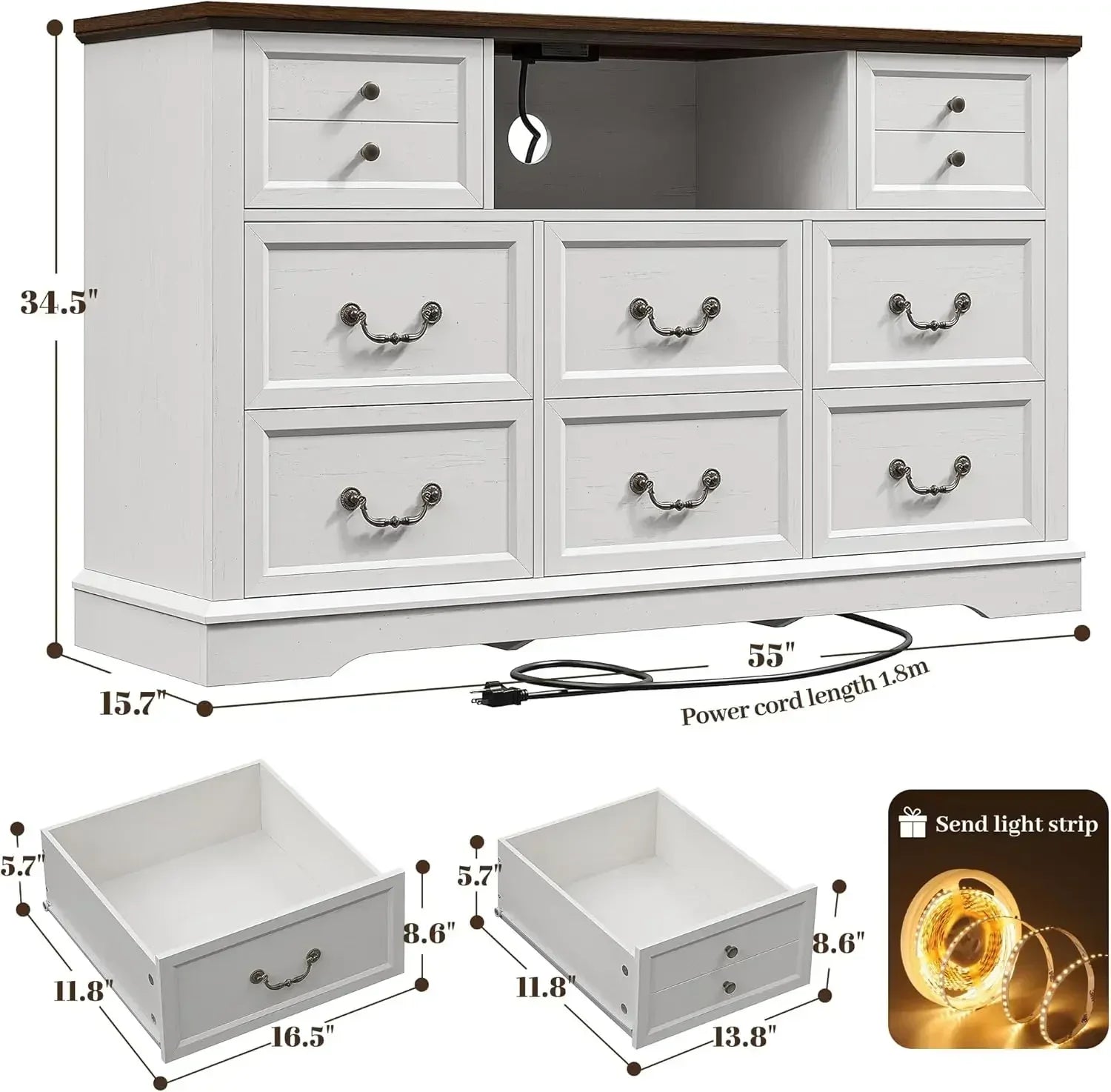 55 Inch 8 Drawers Dresser, Wide Rustic Wood Dressers & Chest of Drawers for Bedroom, Hallway with Power Outlets and LED Lights