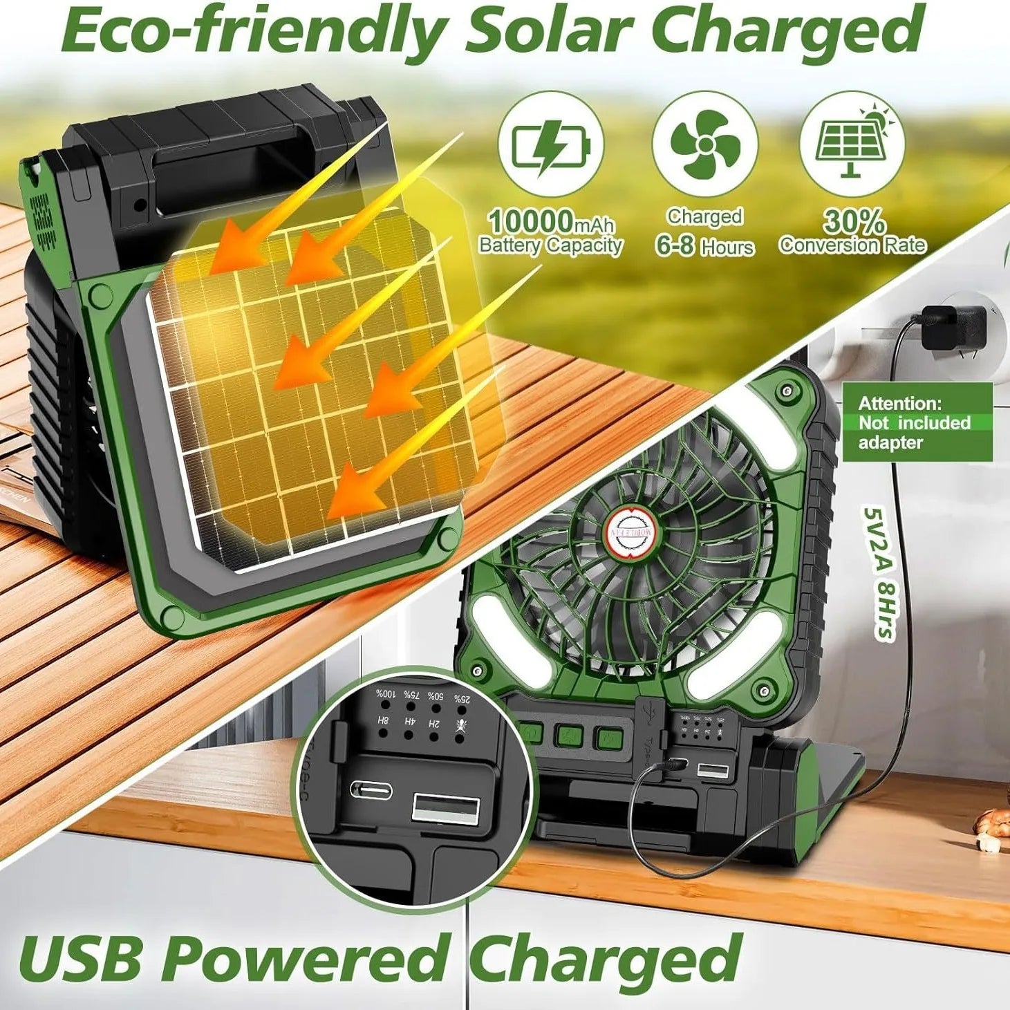 Portable Solar Powered Camping Fan With LED Lantern 10000mAh Battery C