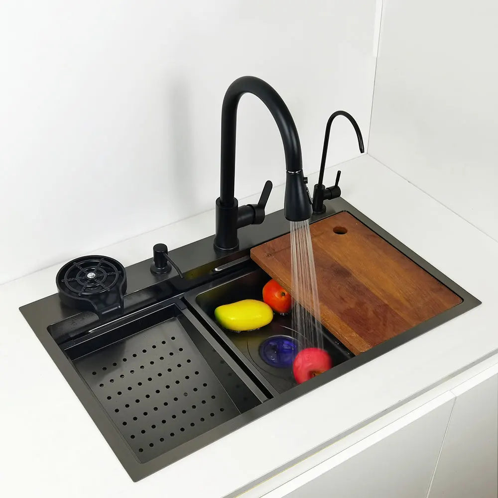 kitchen sink waterfall faucet honeycomb anti-scratch nano technology left drain Stainless Steel sinks 4 function kitchen faucet