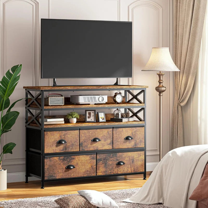 TV Stand 50" TV, Sturdy Dresser for Bedroom with 5 Fabric and Wood Open Shelves, Dressers & Chest of Drawers