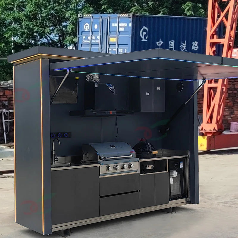 Customizable Mobile Outdoor Kitchen with BBQ Grill, Fridge & Storage for Tailgating & Outdoor Events