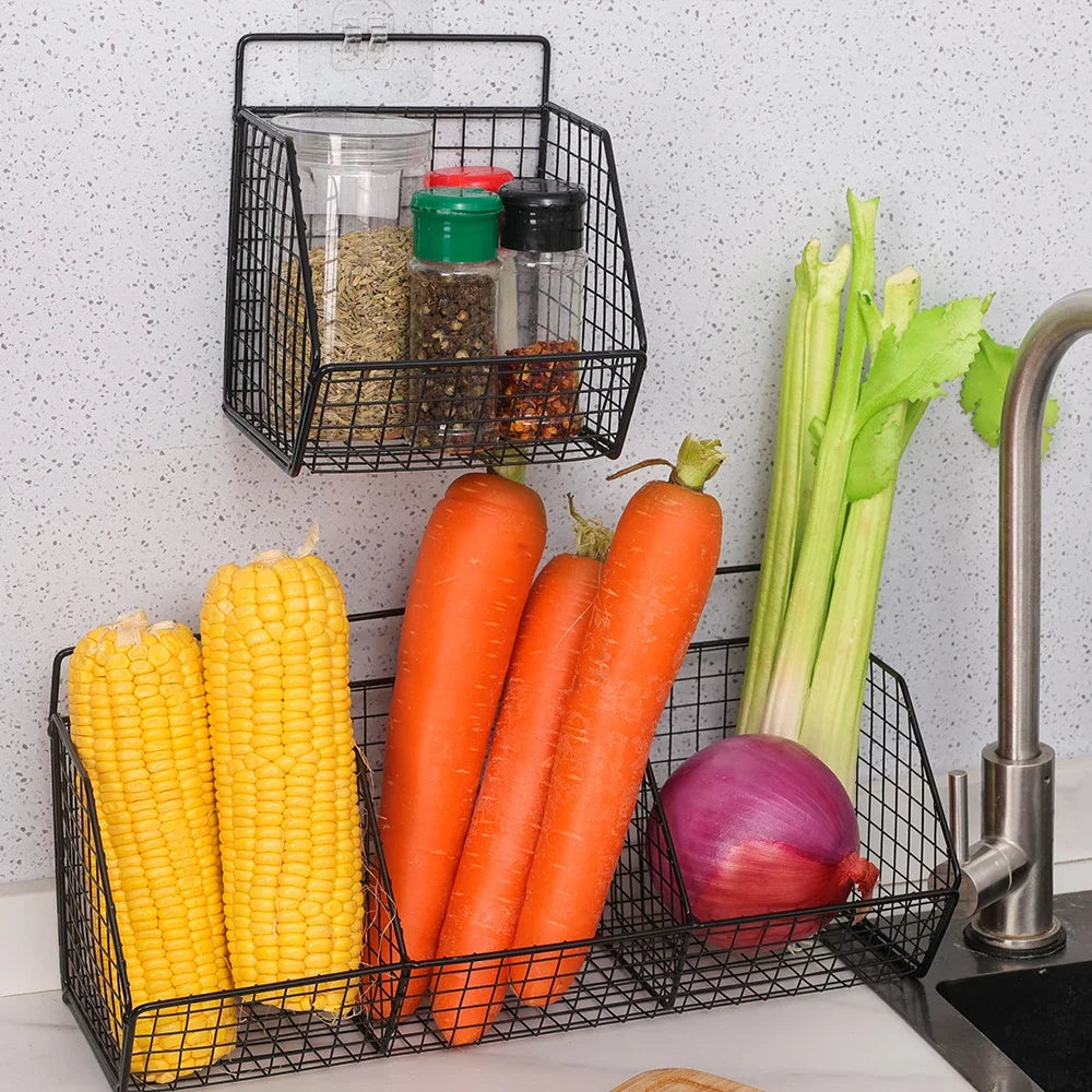 Kitchen Wall Mounted Storage Rack Vegetables Fruits Holder Onion Garlic Condiments Spice Single Layer Storage Shelf Organizer