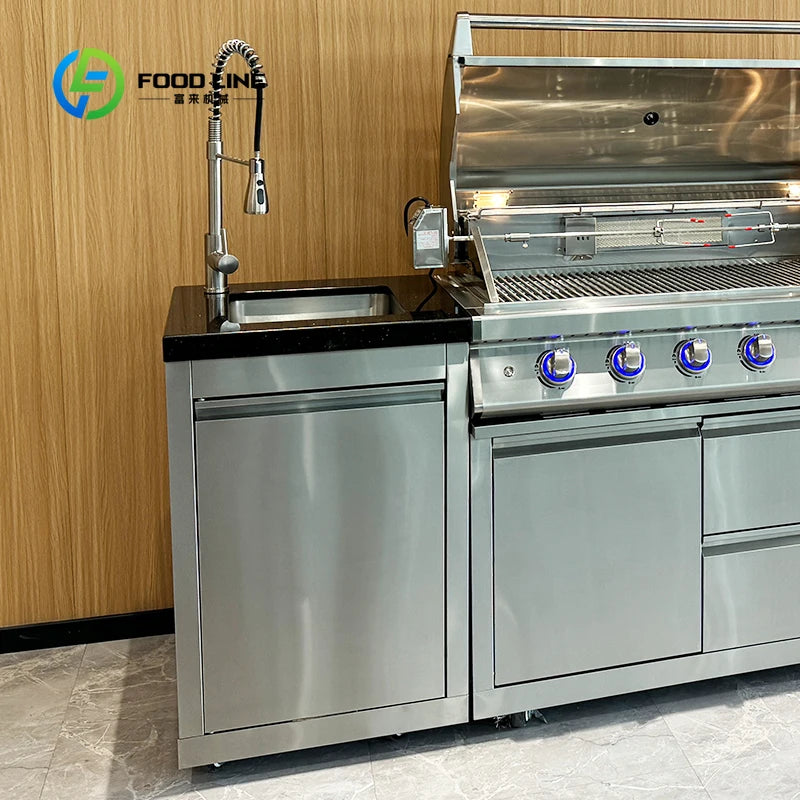Customized Modular Outdoor Kitchen Island with Gas Grill Marble Table Wine Fridge Sink Cabinet Storage for Villa Patio