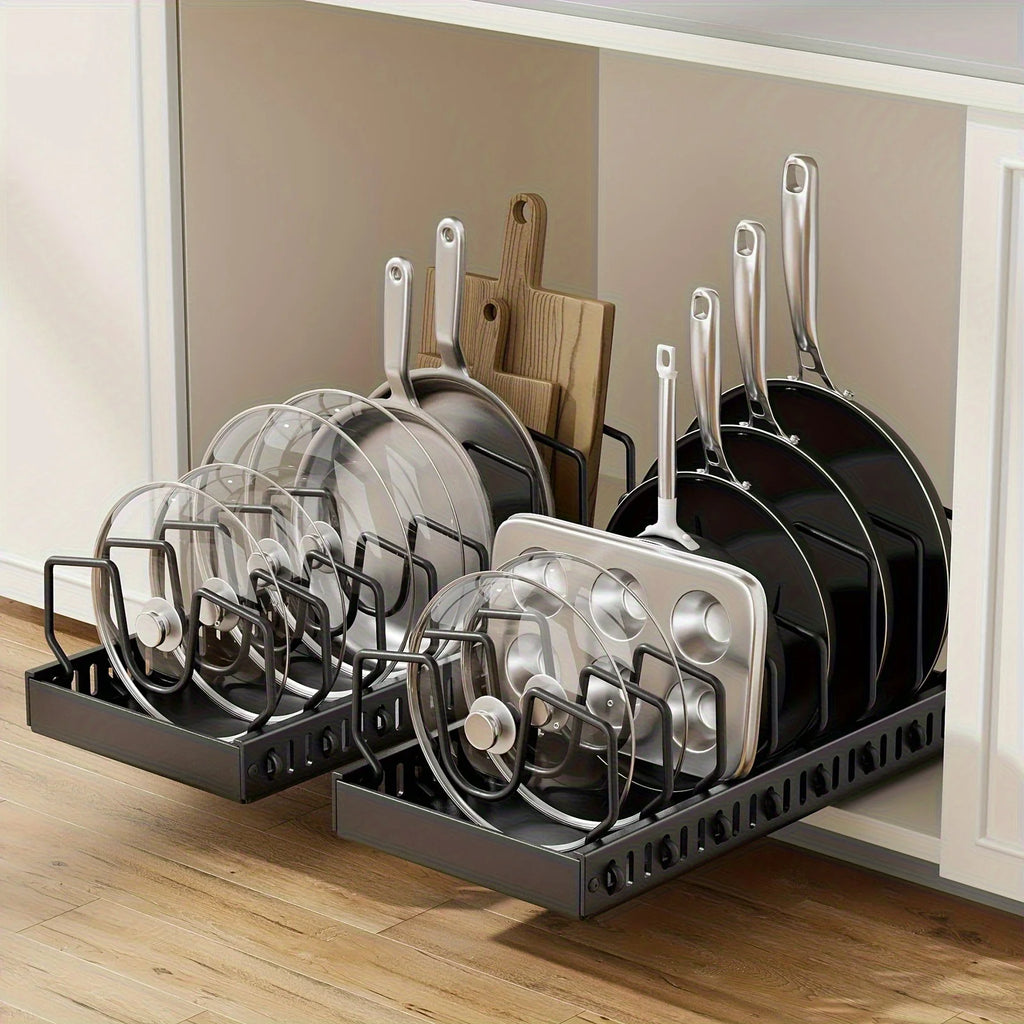 Cookware and Frying Pan Storage Rack with Pull-Out Lid Storage Box, Suitable for Placement under the Cabinet, Featuring a Pot Lid Rack with 8 Adjustable Dividers, Designed for Kitchen Cabinets and Baking Utensils, Kitchen Storage, Under-Sink Storage