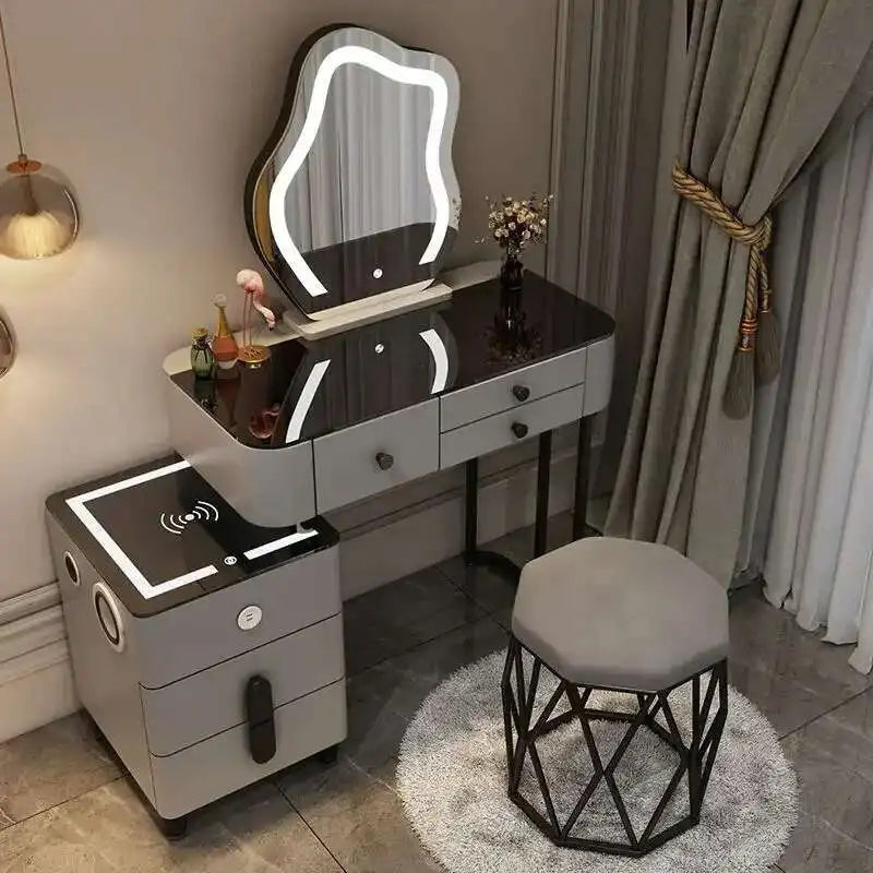 Luxury Glass Dressing Table with Smart Wireless Charging Bedroom Vanity Nightstand Makeup Table Drawers with Led Mirror Dresser