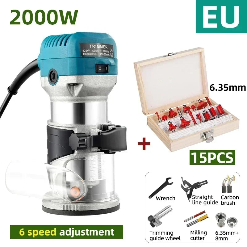 Electric Trimmer Router Woodworking Milling Engraving Slotting Trimming Machine Wood Trimmer Router Tool with 15 PCS Router Bits