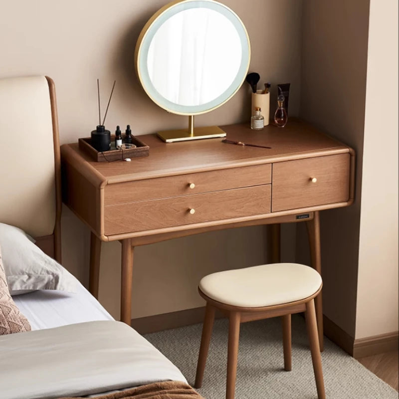 Dresser Bedroom Household Small Apartment Solid Wood Leg Makeup Table With Makeup Mirror Vanity Desk With Light Mirror With Seat