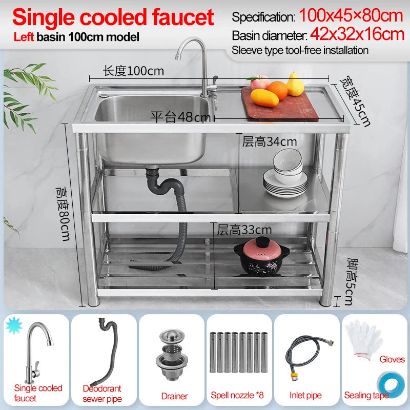 Stainless Steel Sink Kitchen Household Thickened Single Trough with Bracket Wash Basin Sink with Platform Easy Landing