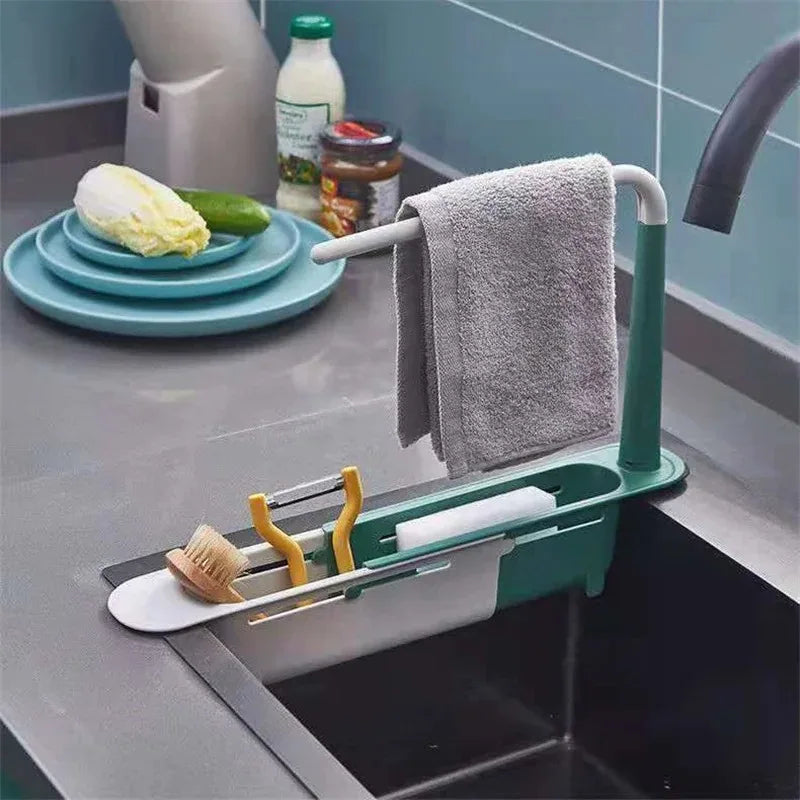 Kitchen Telescopic Sink Organizer Rack Telescopic Faucet Organizer for Soap Towel Sponge Storage Adjustable Shelf Storage Rack