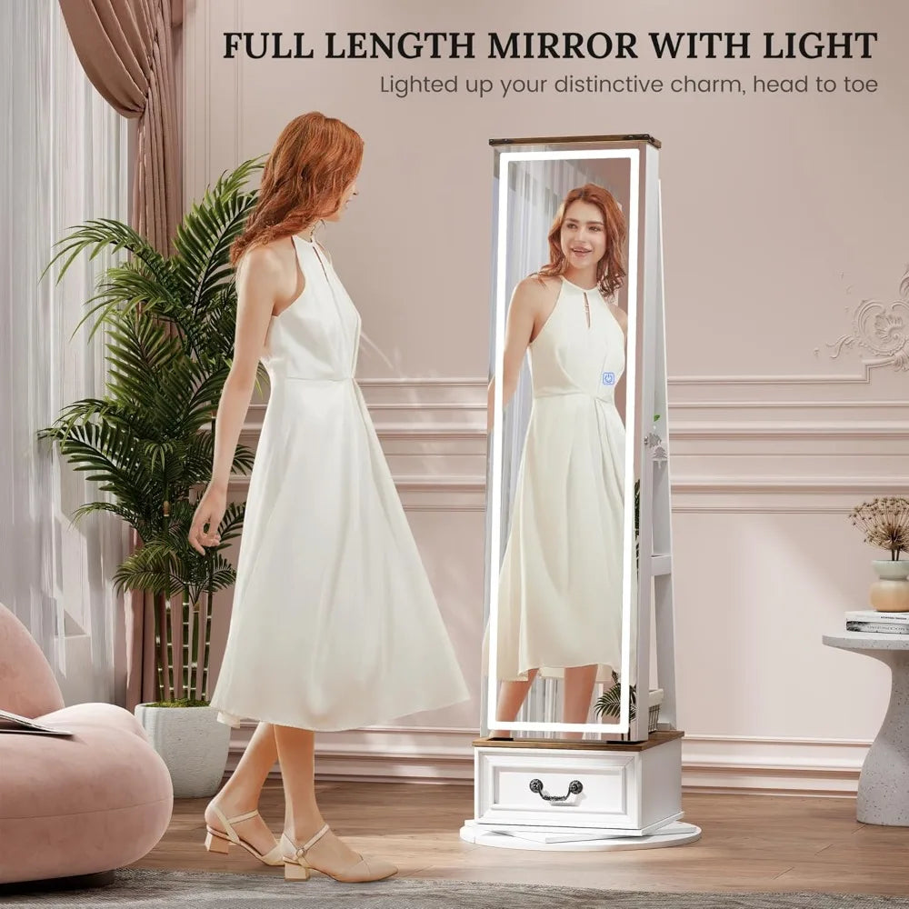 LED Mirror Jewelry Cabinet Standing - 360°Swivel Jewelry Armoire with Full Length Mirror, Mirror with Jewelry Storage and Large