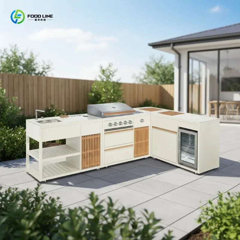 Custom Modular Outdoor Kitchen Cabinet With Large Pizza Oven, Gas Grill, Refrigerator And Sink For Garden Use