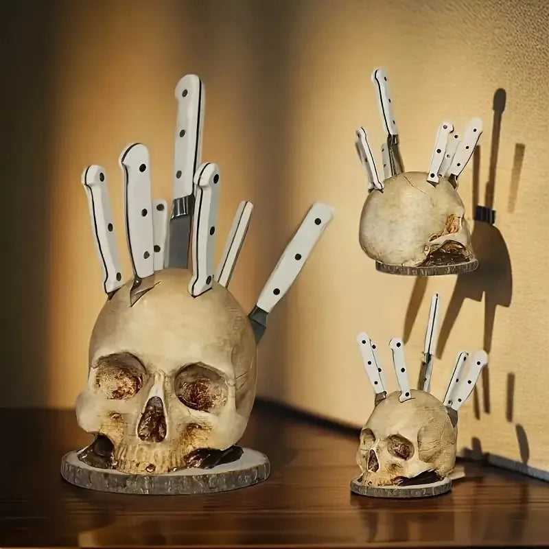 Skull Knife Holder Creative Kitchen Storage Rack Unique Countertop Cutlery Organizer Gothic Style Decorative Utensil Stand