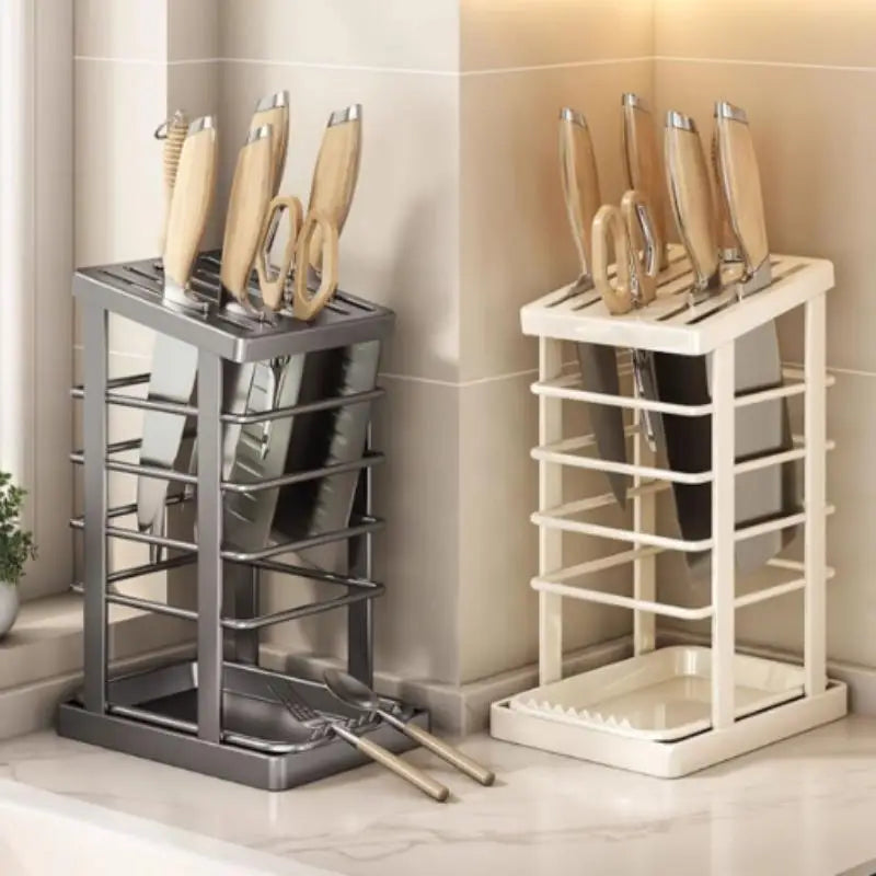 Kitchen Knife Holder Countertop Knife Tool Storage Rack With Drain Tray Multi-function Knife Holder Storage Rack Dish Rack