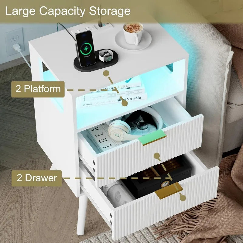 White Nightstand with Charging Station and Lights,Modern Bedside Table with 2 Storage Drawer and Open Wood Shelf