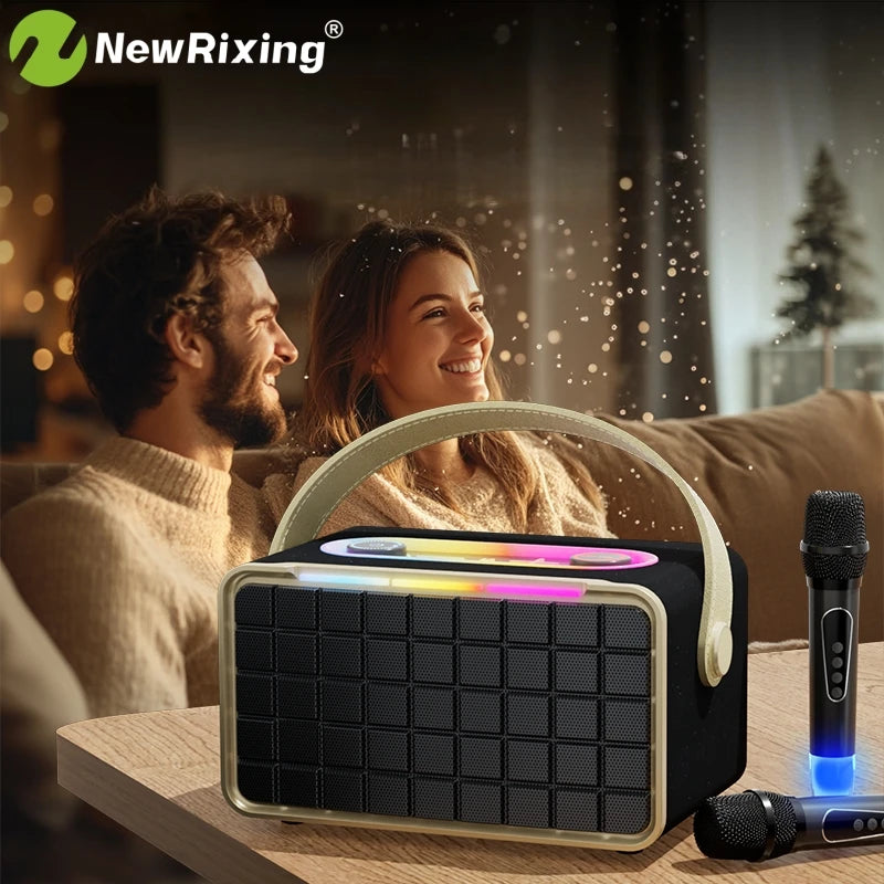 Portable wireless speaker with 2 microphones, karaoke machine,40W high volume,knob buttons,RGB lights,supports BT,USB,AUX,TF,MIC