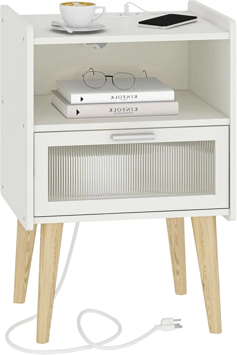 Nightstand with Charging Station, Black Wood Grain Bedside Tables, Modern End Table, Side Table with 2 Tiers Storage Space for B