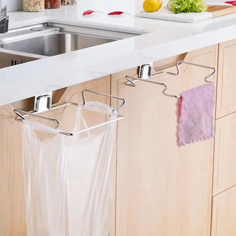Stainless Steel Kitchen Trash Bag Holder Cabinet Door Mount Organizer Closet Storage Waste Bin Rack Garbage Can Tool